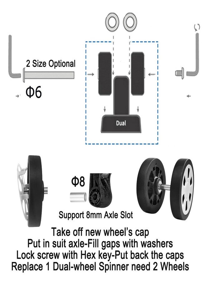 FSATNDE 4PC Suitcase Replacement Spinner Wheel Rubber Luggage Wheels with 2 Size Axles Mute Flexible Smooth for Damaged Luggage Trolley Caster Repair 60mm - Image 4